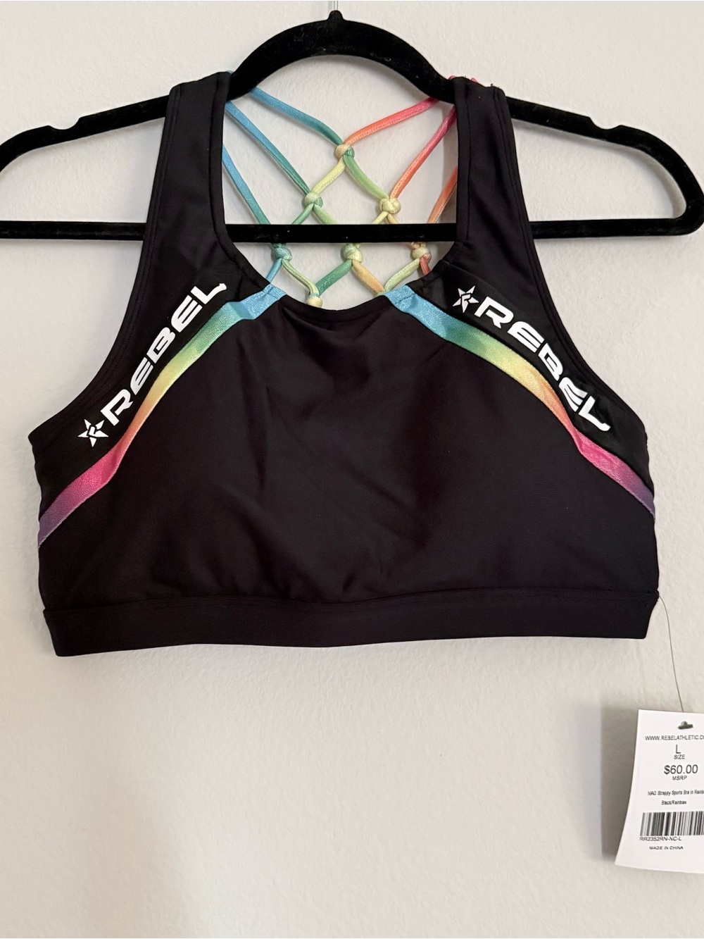 Rebel Black Sports Bra with Rainbow Lattice Back